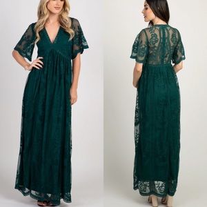 NWT PinkBlush Forest Green Lace Mesh Overlay Maxi Dress